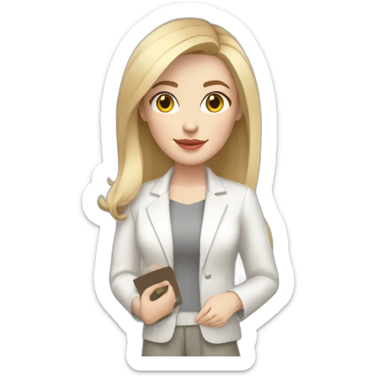 pale skin woman with blonde straight line Hair to shoulders, White classical jacket, Gray Palazzo pants holding a color palette in the hands sticker