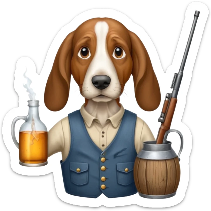 hillbilly basset hound head body of  man with moonshine and gun emoji sticker