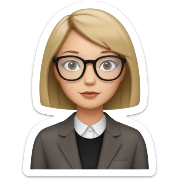 woman dark blonde petite bob haircut wears dark squarish glasses, classic clothes sticker