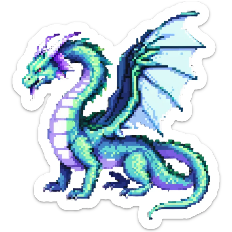 fantasy wyrm, serpentine body, big wings, long tail, shimmering green, blue, and purple colors sticker