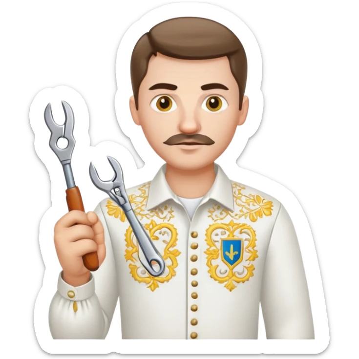 Ukrainian man in white embroidered traditional shirt holding a wrench in one hand and scissors in other hand sticker