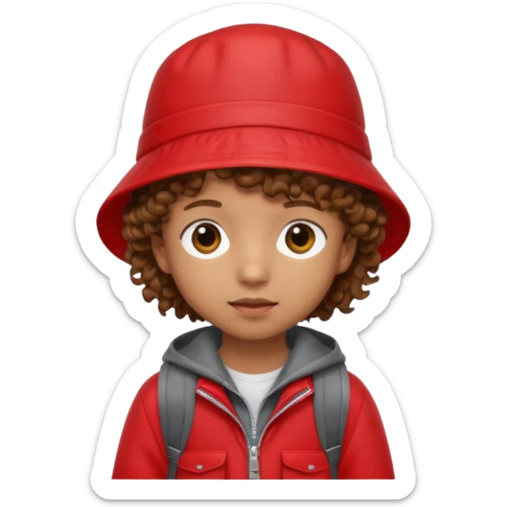 Little student brown curly hair, wears red bucket hat and jacket, backpack, shy sticker