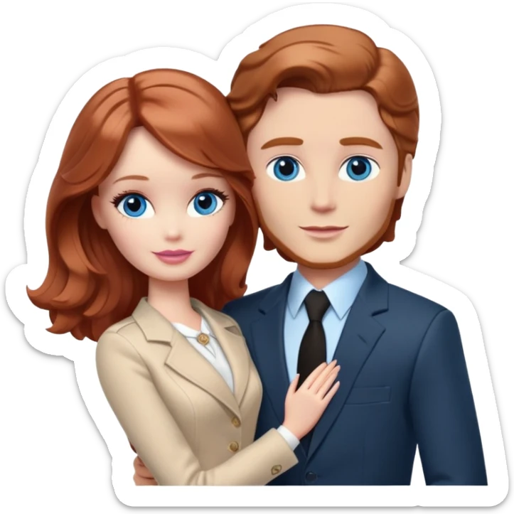 Barbie girl  , eyes blue , Chestnut red long wavy hair In pale beige clothes, Hugs a man with pale brown hair short haircut, brown eyes , and a black suit sticker