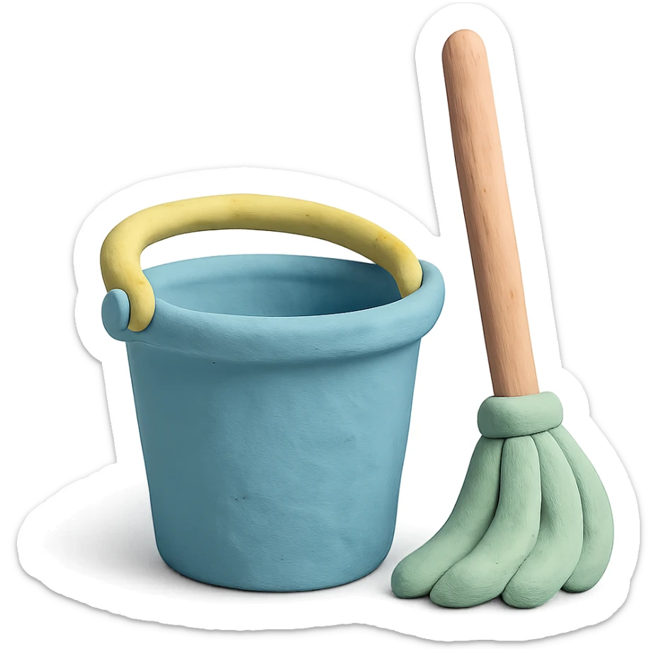 bucket and mop in claymation style, pastel colors, visible fingerprints, soft matte finish sticker