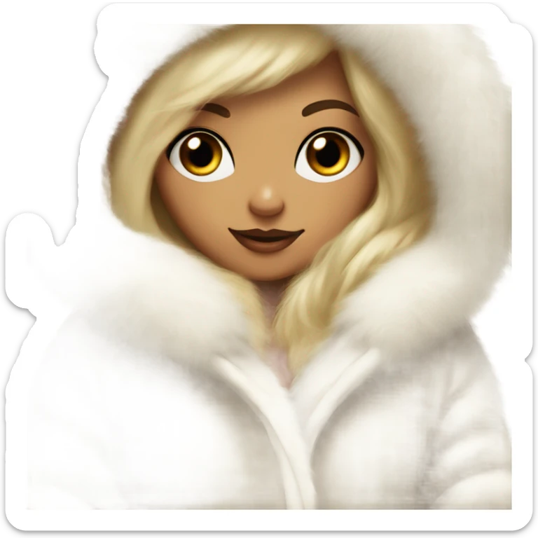 Tanned Girl with lashes , blonde hair, in an extremely big fluffy oversized white fur coat with hood on. The fur is real and it’s very obvious big and fluffy like in Pinterest  sticker
