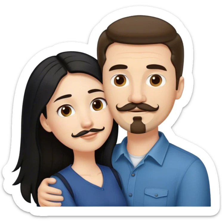 a short white girl with long black hair hugging a tall white guy with brown hair goatee mustache sticker