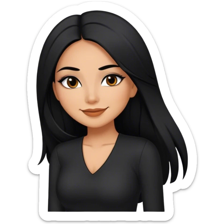 beautiful woman, with long straight black hair, with make up, black eye liner, smile, mexican, brown skin, wearing beautiful sexy black outfit, she has a shy attitude  sticker