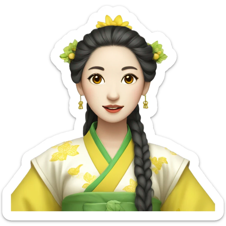 Beautiful woman, yellow skin, Hanfu headdress, wearing green clothes, holding a banana fan sticker