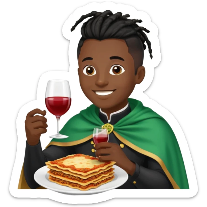  High fade ponytail dreadlock male black hair dark skin smiling and nigerian cape eating lasagna and wine  sticker