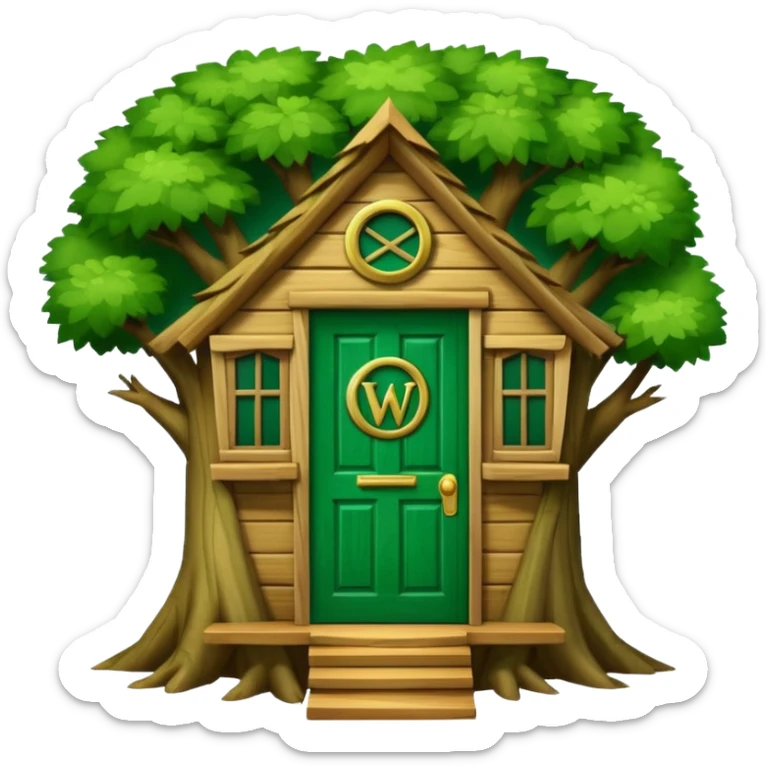 letter W on the side wall of a treehouse with an emerald green door, in a tree sticker