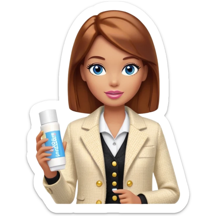 A Barbie girl with blue eyes, shoulder-length reddish-brown hair, made-up, in a white tweed jacket and black skirt, holding a tube of pale yellow face cream sticker