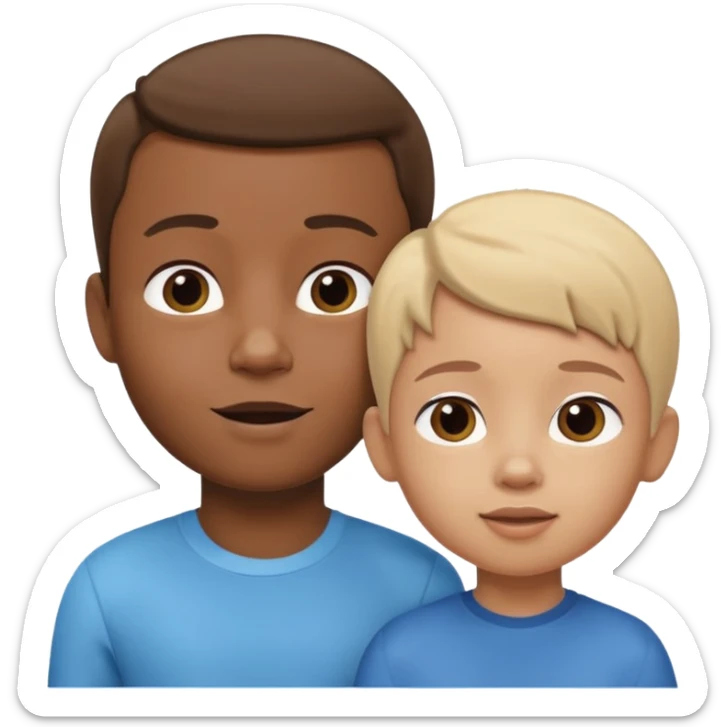 A 3D cartoon child looking up at a tall adult, white background, friendly expression, Memoji-style. sticker