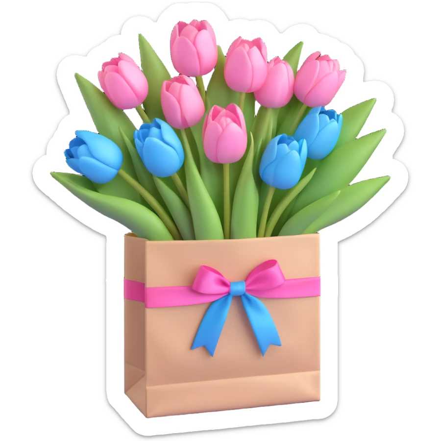 a white paper bag filled with pastel blue tulips, tied with a pink ribbon, soft blue pastel colors, smooth shadows, simple and minimalistic, 3D iOS emoji style sticker
