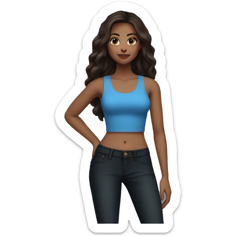 Medium size girl skin tone fair long dark brown hair in blue tank top and black high waist skinny jeans sticker