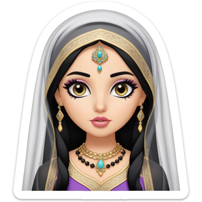 Arab nose, pretty lips, tatreez clothes, fair skin,  long black hair, veil, pretty bratz baddie, black eyeliner sticker