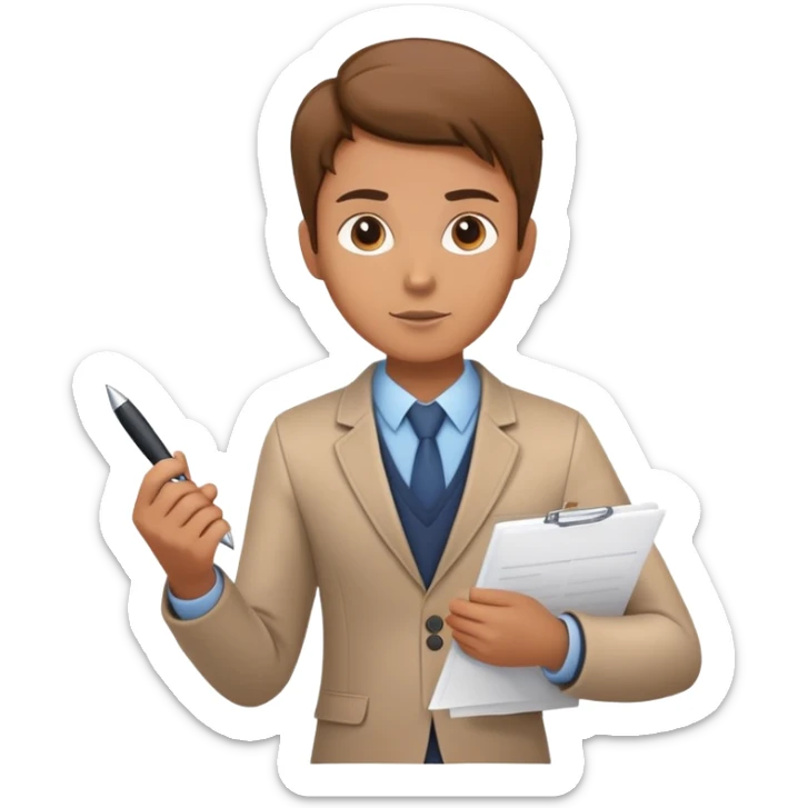 a person holding a checklist and pen, wearing smart casual clothing. The character is in a focused pose sticker