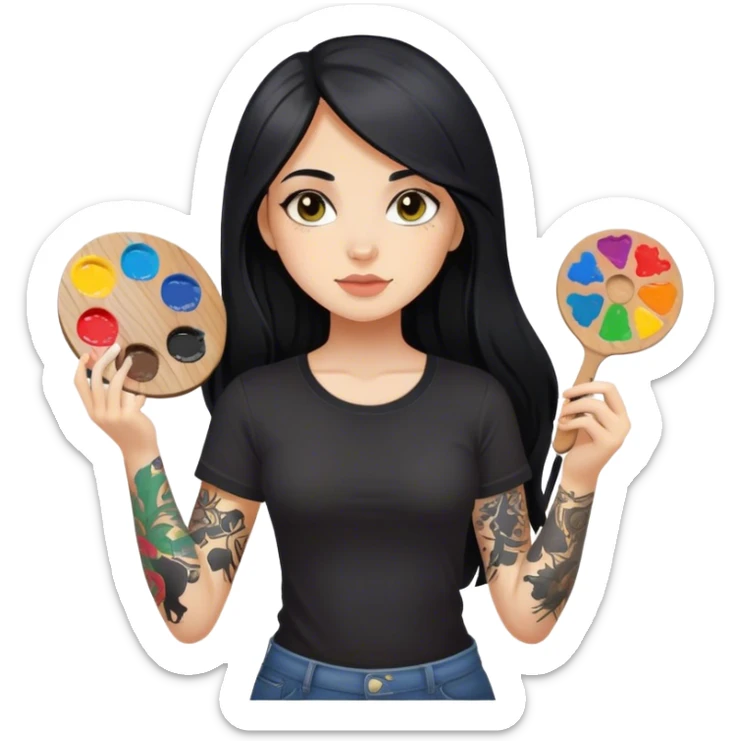 A girl with long black hair  light complexion and hazel eyes and black tattoos on right arm holding a paint palette  wearing black shirt sticker