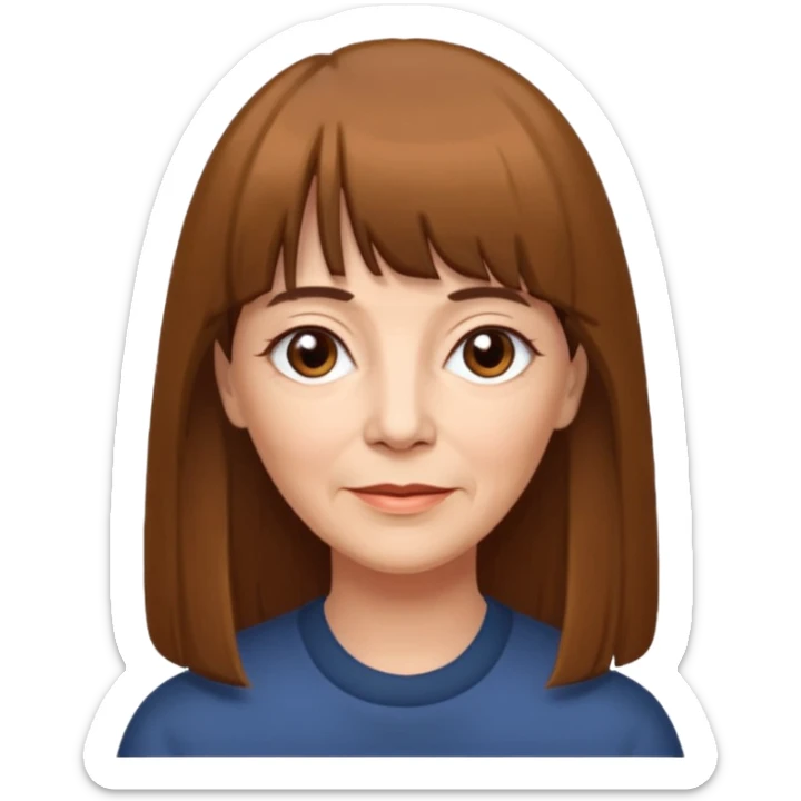 60 yr old woman, very small brown eyes, long straight brown hair, bangs,  sticker