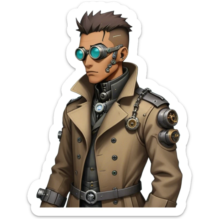 Cartoonish, rough, and battle-worn, cyber-steampunk Dr. Numen Oppen's side-view mug shot showcases his rugged trench coat, exposed mechanical joints, and worn cybernetic enhancements, blending steampunk grit with cyberpunk tech. sticker