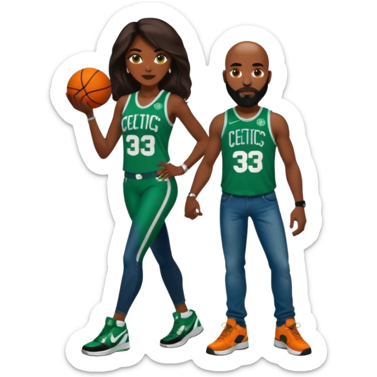48-year-old dark skin black woman with brown eyes, long dark brown hair dressed in sexy Boston 
celtics outfit & wearing stilettos. A White bald white man with orange beard & facial hair. He has blue eyes, is wearing a Jason Tatum Boston Celtics Jersey, jeans & green Nike sneakers  sticker