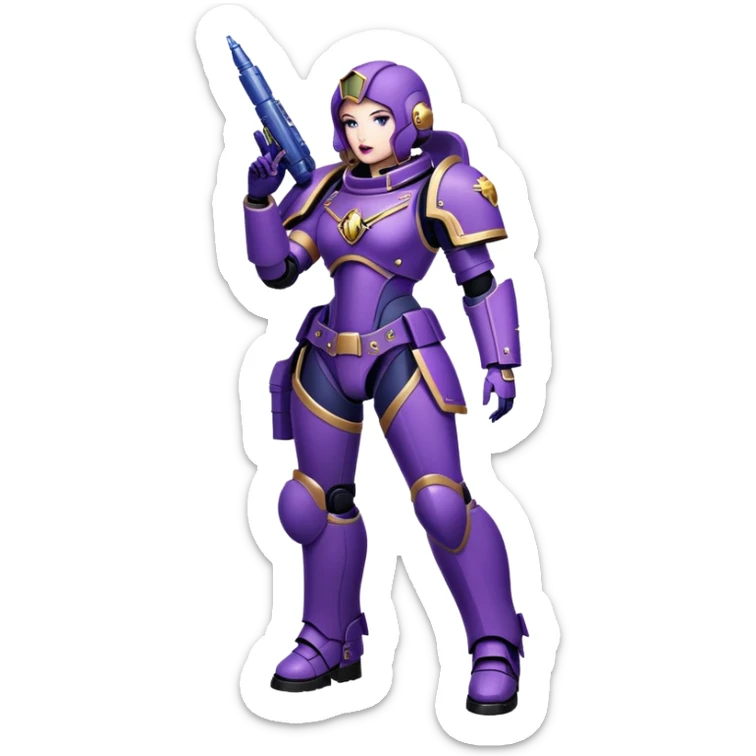 Stunning woman in purple , space marine, full body forward-fashion pose, sending air kiss sticker