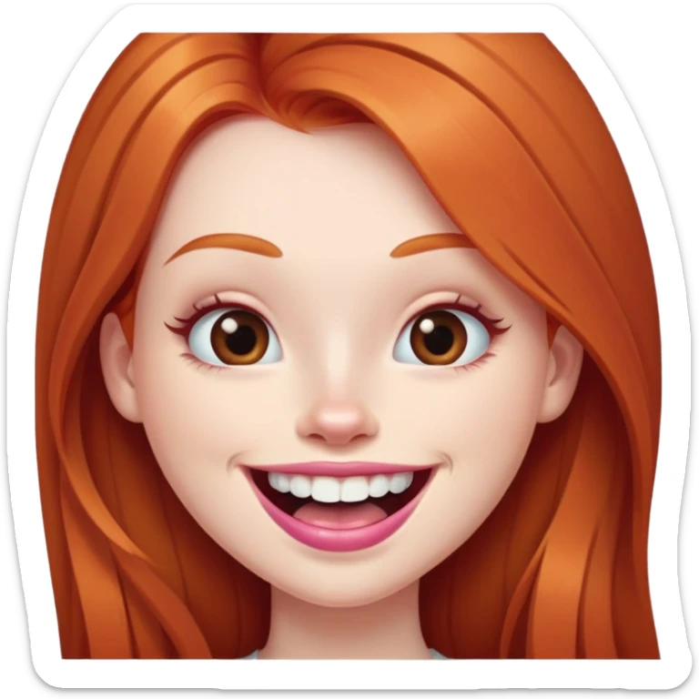 Young girl with pale skin, full pink lips smiling with big teeth, very long straight ginger red hair, bigger nose, deep brown eyes, big mouth sticker