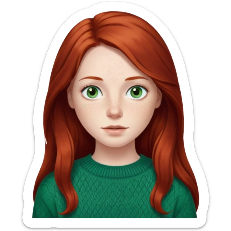 woman with long dark auburn red hair that is mostly straight but has slight waves to it. grey blue eyes. some freckles. wearing a Swedish style sweater that is green. blue grey eyes.  sticker