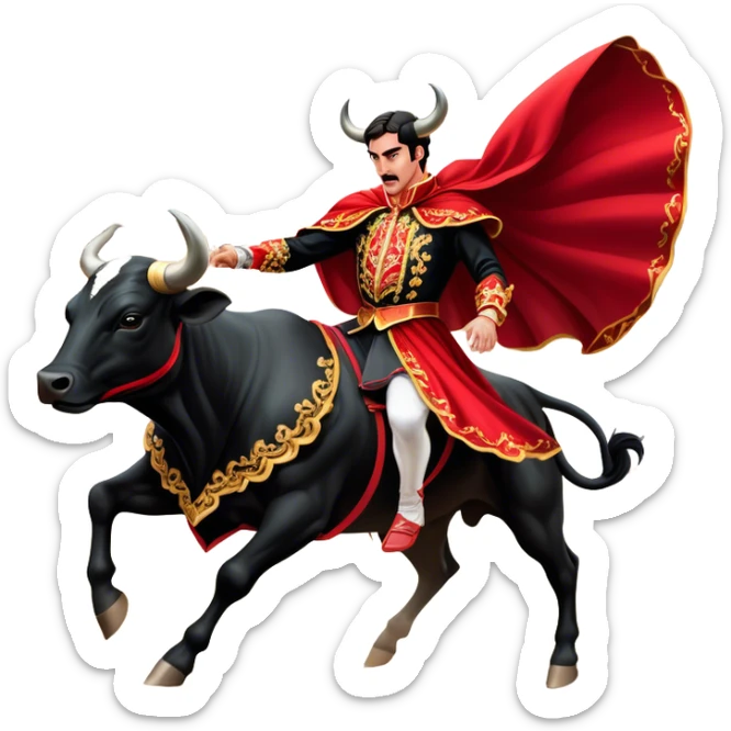 ​Cinematic Realistic Spanish Matador in Action, depicted in an ornate traje de luces with a flowing red cape, captured in the dramatic moment of confronting a charging bull in a traditional bullring, rendered with dynamic motion and dramatic lighting that encapsulates the intensity and artistry of the spectacle, sticker