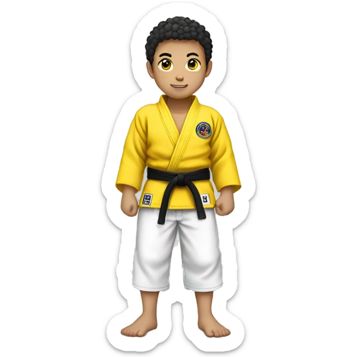 Full body Asian boy with short curly hair wearing jiujitsu gi with a yellow belt  sticker