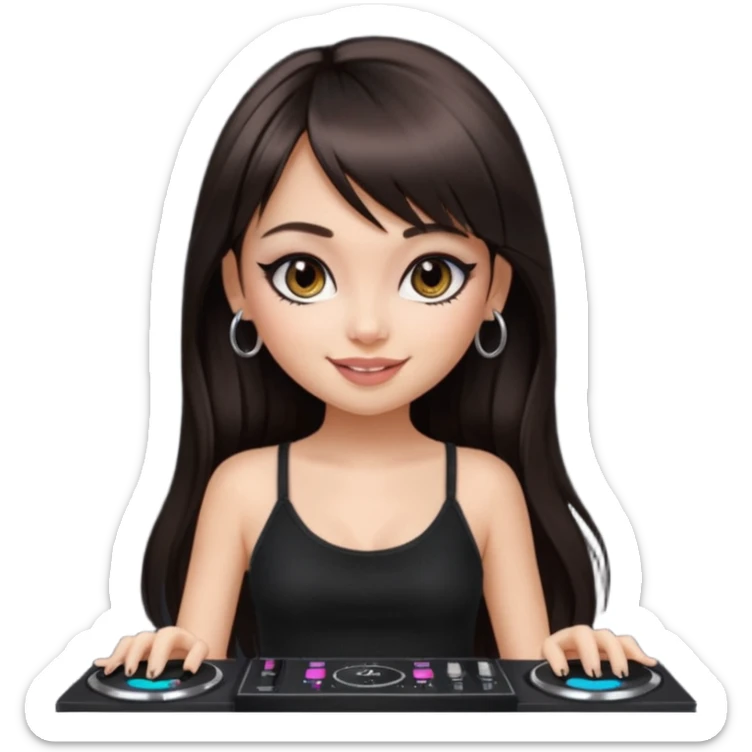 generate a pretty bratz girl in black cami top, dark brown straight long hair with bangs, eyeliner on, djing, fair sticker