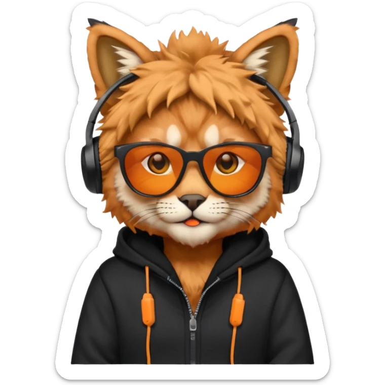 lynx with black sunglasses, headphones and a black hoodie sticker