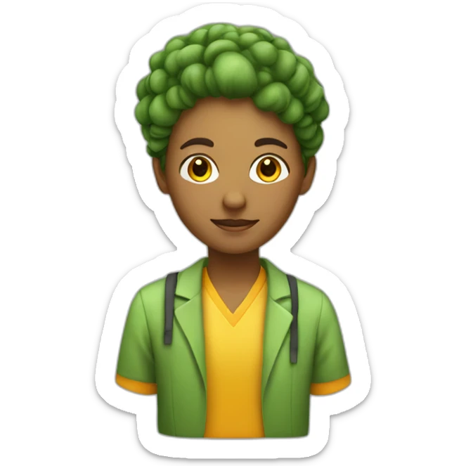 A teacher with a yellow shirt and a headdress in the colors of green, yellow, orange spots sticker