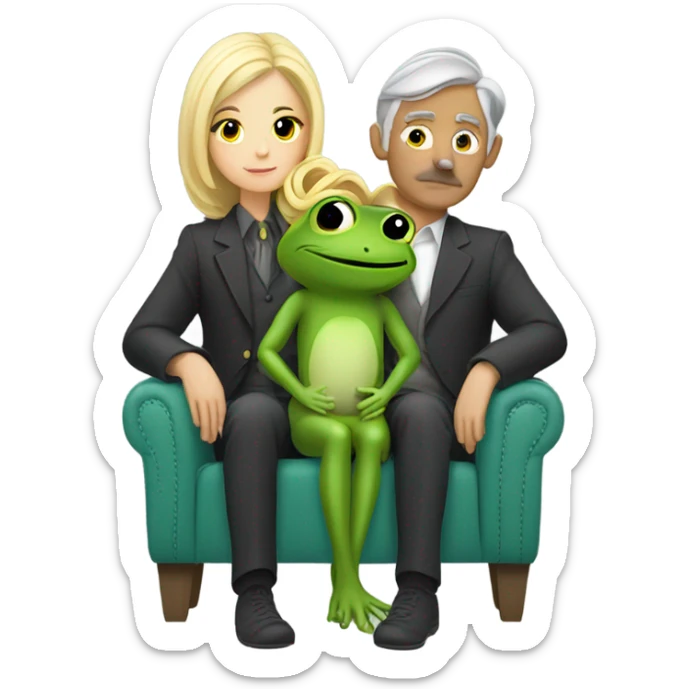 A blonde girl in a frog costume sitting in her grey haired boyfriend lap. And he has a mustache  sticker