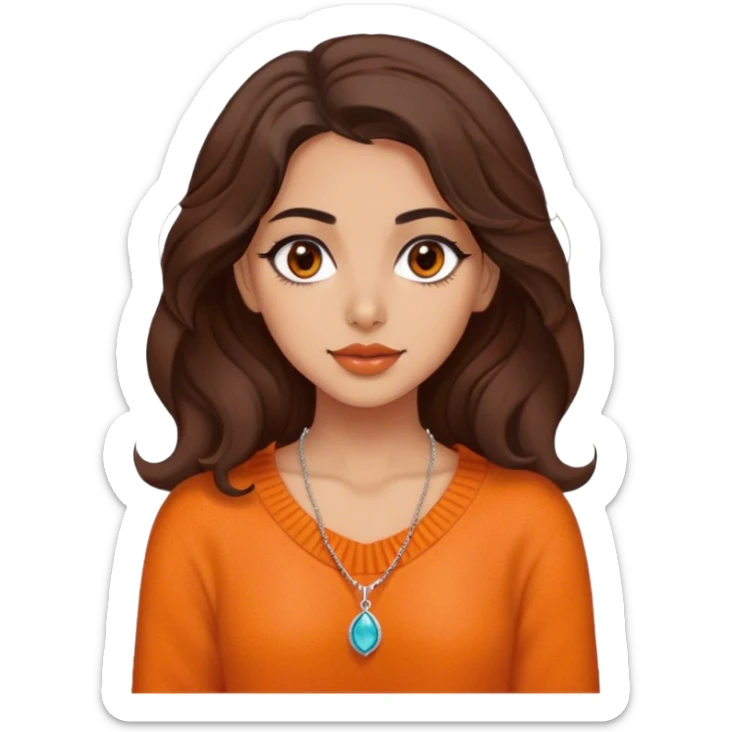 Iranian girl with warm tan skin, wearing an orange wool sweater. She has dark brown, shoulder-length wavy hair, one brown eye, and slightly full lips. She also wears a delicate necklace. sticker