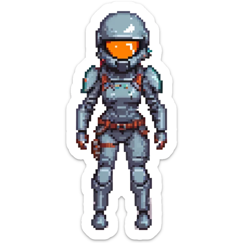 pixel art of a female space warrior in a strengthened helmet with a black visor, tactical armor, floating in zero gravity, reaching forward, EVA operation sticker