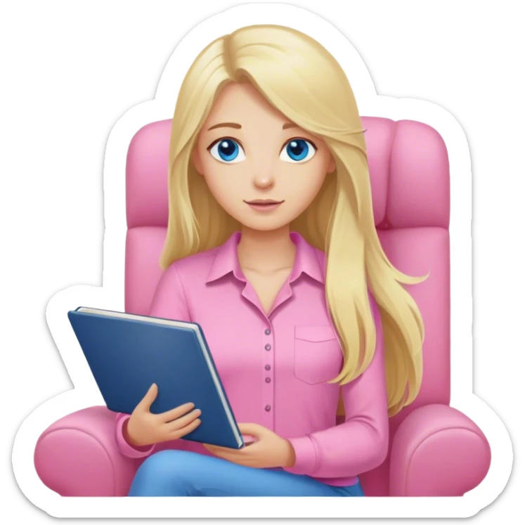 A cinematic realistic blonde with long hair and blue eyes, dressed in a pink shirt, sits on an armchair with a notebook in her hands sticker