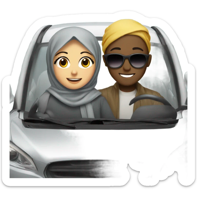 One girl wearing hijab and one boy with sunglasses smiling in car sticker