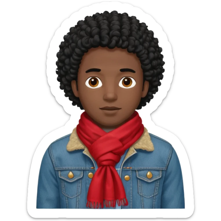 black skin man, curly black hair wear red scraft, jean jacket sticker