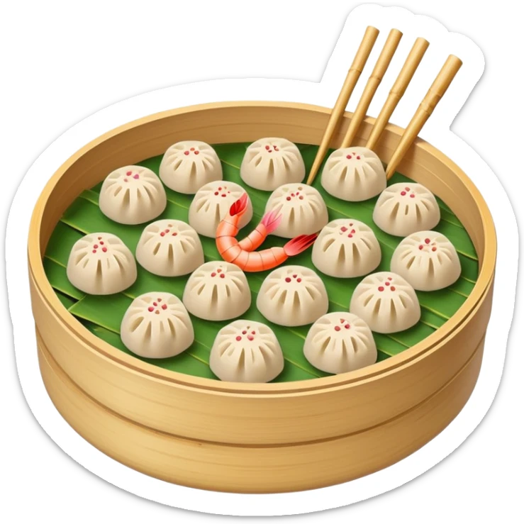 Cantonese dim sum bamboo steamer with shrimp dumplings, simplified emoji style with bold outlines and bright colors, cartoon style Chinese dim sum sticker