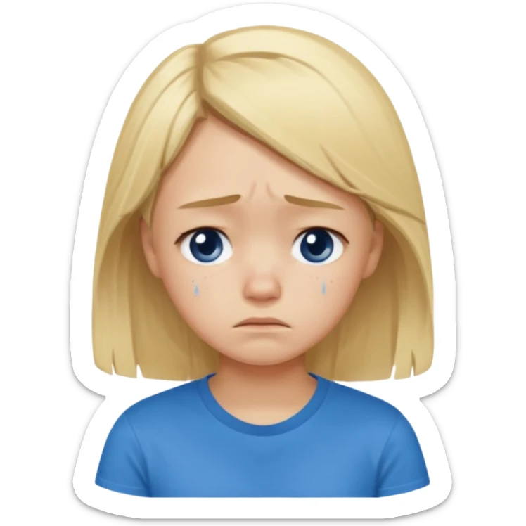 Young girl with blonde hair and a blue T-shirt, looking sad and discouraged sticker