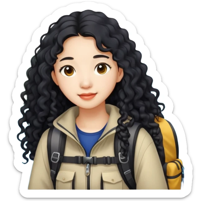 A Chinese girl around 20 years old and have long curly black hair likes travel (hiking or diving) sticker