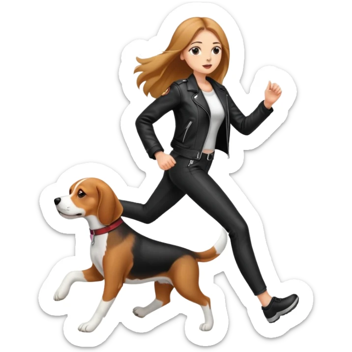 A beautiful tall girl with fair skin and long hair wearing a black leather jacket and black pants running with Beagle sticker