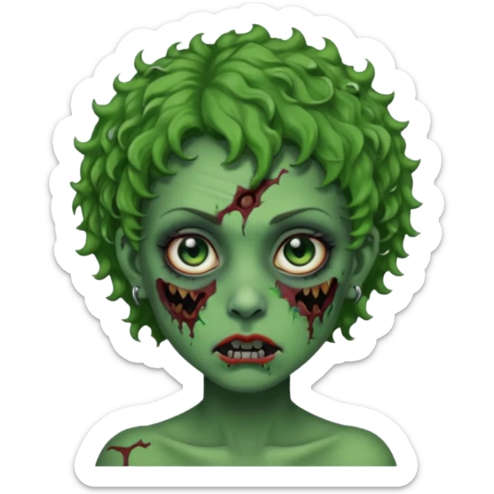 faça uma cabeça verde de zumbi femenina, com im cabelo curtinho cacheado, piercing no nariz, e brincos na orelha e várias cicatrizes, deixe ela macabra sticker