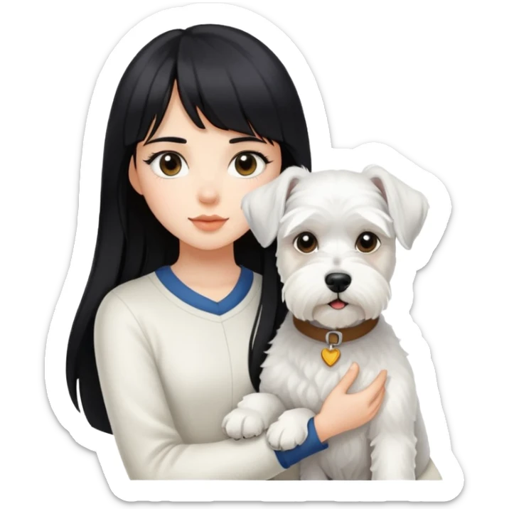 Girl with long black hair and bangs holding a white schnauzer dog sticker