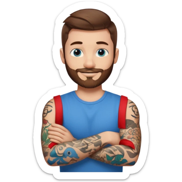 25-year-old man, blue eyes, brown hair, short beard, tattoos on left arm, arms crossed, smiling, emoji style sticker