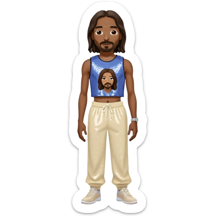 Snoop Dogg with long dark brown hair, periwinkle sequin crop top, cream sequin baggy pants sticker