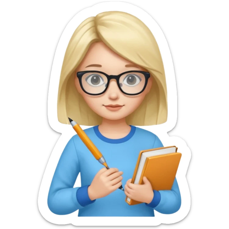 cute girl, glass, smart, Sky-blue colored clothing,
holding a book in one arm and a pen in the other hand.Holding a pen in the right hand as if teaching.Wearing black glasses, with a smart and bright-looking face. sticker