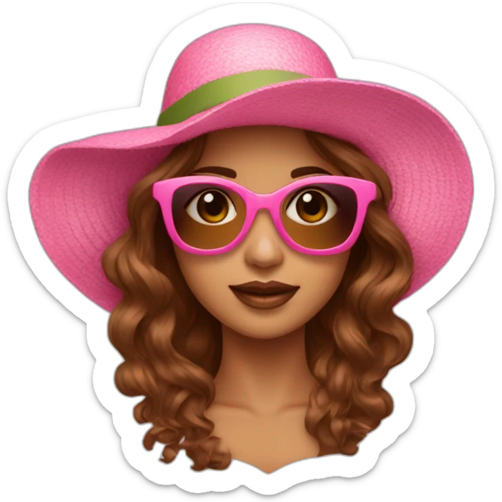 pink sunglasses on female head with wavy brown hair and a summer hat sticker