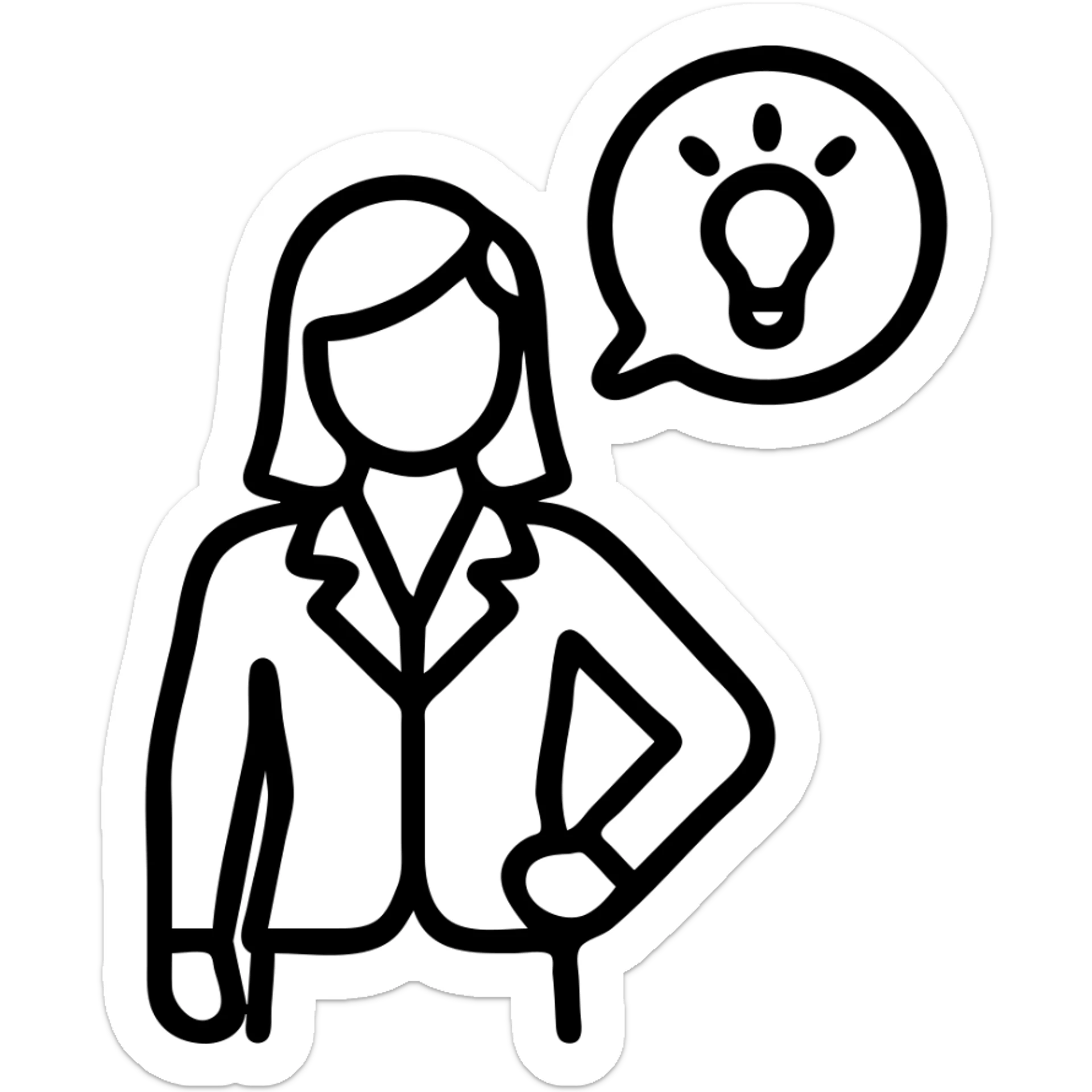 businesswoman standing hand on hip with a glowing idea bubble above her head, minimal outline style, simple and elegant sticker