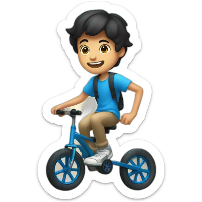 a ten-year-old boy with black hair and blue eyes with freckles juggles on a unicycle sticker